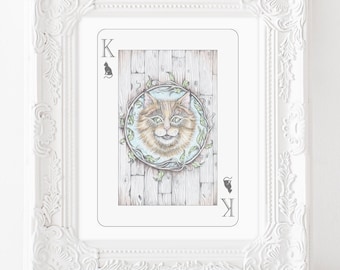 Illustrazione del gatto del Cheshire, arte del gatto del Cheshire, gatto sorridente, arte delle carte da gioco, arte di Alice nel paese delle meraviglie, arte del paese delle meraviglie, illustrazione di libri di fiabe
