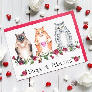 Valentines day card, funny valentines card, cat valentines card, valentines day pun card, "Hugs and Hisses"