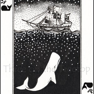 May include: A black and white illustration of a ship sailing over a whale in the ocean. The sky is filled with stars. The card is a King of Spades with a whale symbol in the corner.