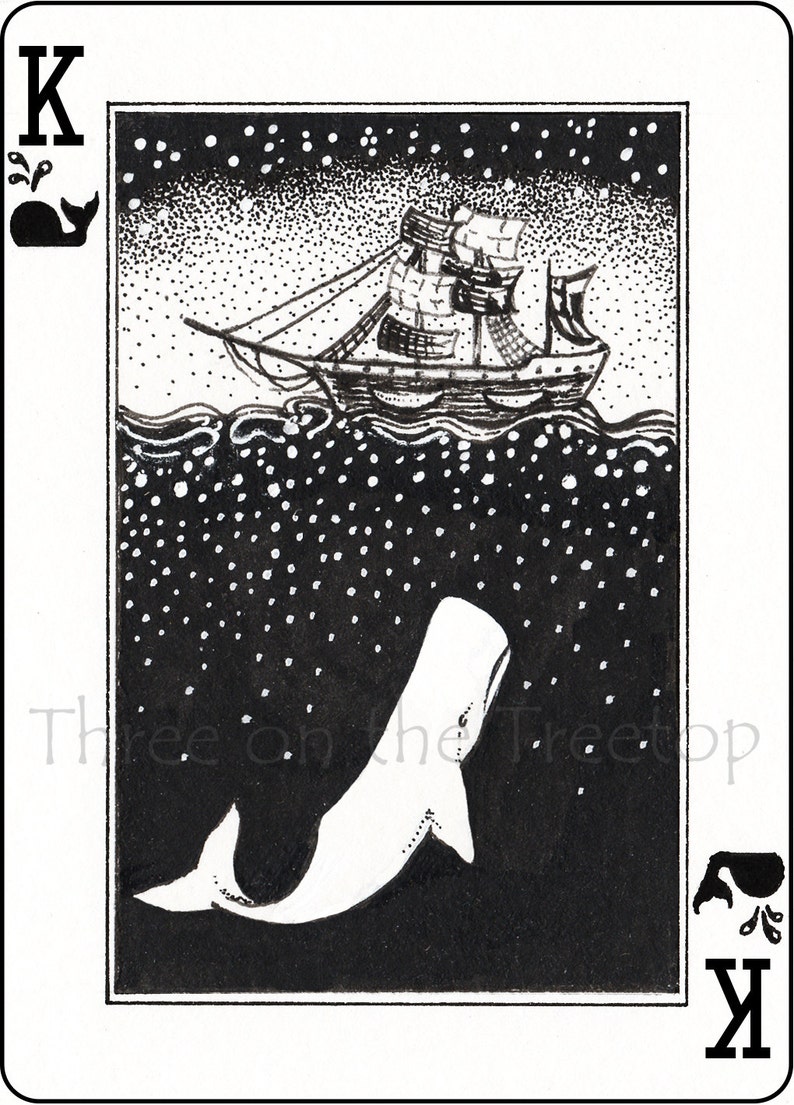 May include: A black and white illustration of a ship sailing over a whale in the ocean. The sky is filled with stars. The card is a King of Spades with a whale symbol in the corner.