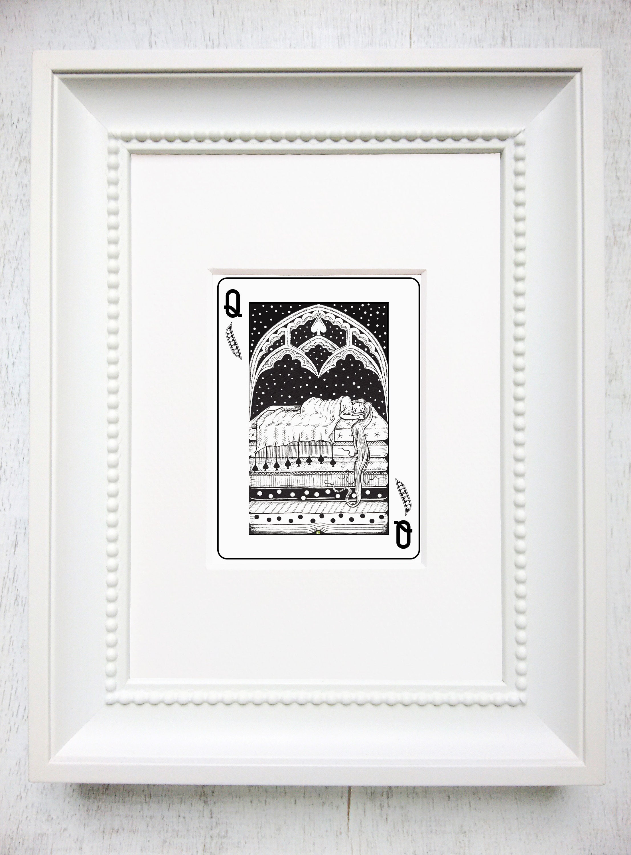 Princess and the Pea art print, playing card art print, princess and the pea, fairytale art print, 5"X7" Matted print, "Queen of Peas"