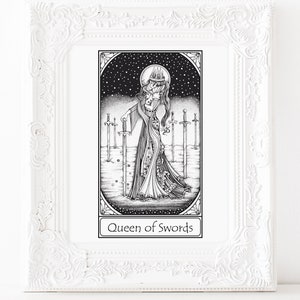 Tarot Card Art Print, Tarot art, queen of swords print, framable print, illustration print, tarot wall art, tarot card