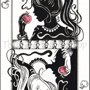 May include: Black and white illustration of the Queen of Hearts playing card. The Queen is depicted as a silhouette holding a red apple. The card features a black and white pattern with a red apple in the upper left corner and a red apple in the lower right corner.