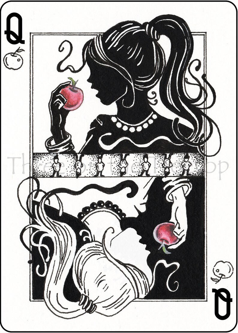 May include: Black and white illustration of the Queen of Hearts playing card. The Queen is depicted as a silhouette holding a red apple. The card features a black and white pattern with a red apple in the upper left corner and a red apple in the lower right corner.