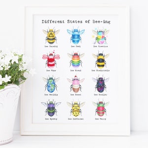 Bee Pun Print, 8X10&quot; art print, Bee art, Bumble bee, Honey Bee, Different States of Bee-ing