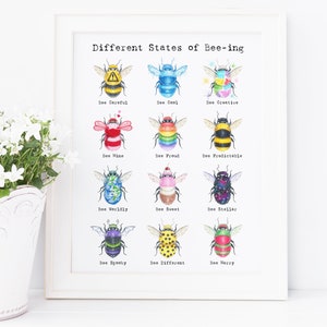 Bee Pun Print, 8X10" art print, Bee art, Bumble bee, Honey Bee, Different States of Bee-ing