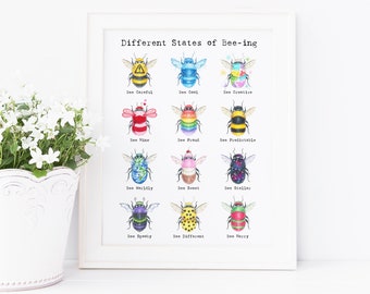 Bee Pun Print, 8X10" art print, Bee art, Bumble bee, Honey Bee, Different States of Bee-ing