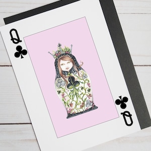 Greeting Card, Playing Card Greeting Card, Queen of Clubs Fine Art Card, Queen of Clubs Card Card, Blank Card, Note Card, Nesting Doll Card