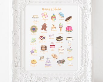 Keukenmuurkunst, bakalfabet, bakprint, print voor bakker, dessertalfabet, volwassen alfabetprint, taartkunst, lekker alfabet