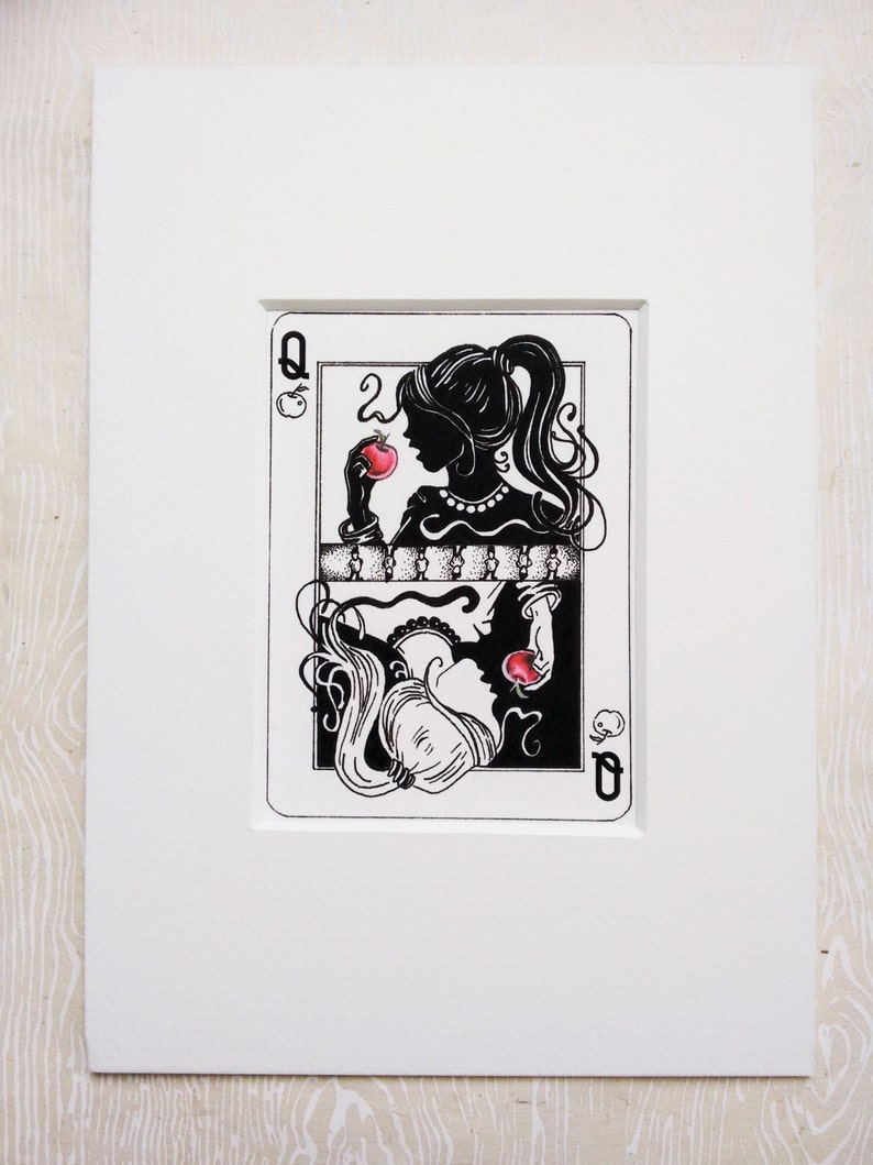 May include: Black and white illustration of a queen of hearts playing card with a woman holding an apple in her hand. The card has a black background with white outlines and the queen is wearing a crown and a necklace.