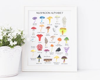 Paddenstoel alfabet, alfabet print, paddestoel kunst, grillige print, alfabet kunst, 8 x 10&quot; giclee print