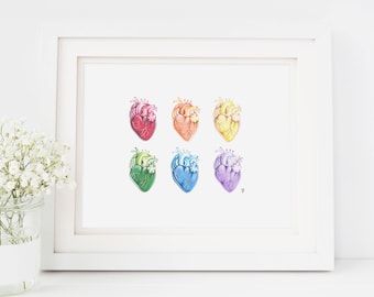 Heart print, anatomical heart illustration, anatomical heart art, human heart art, human heart print, rainbow hearts, science art, sciart