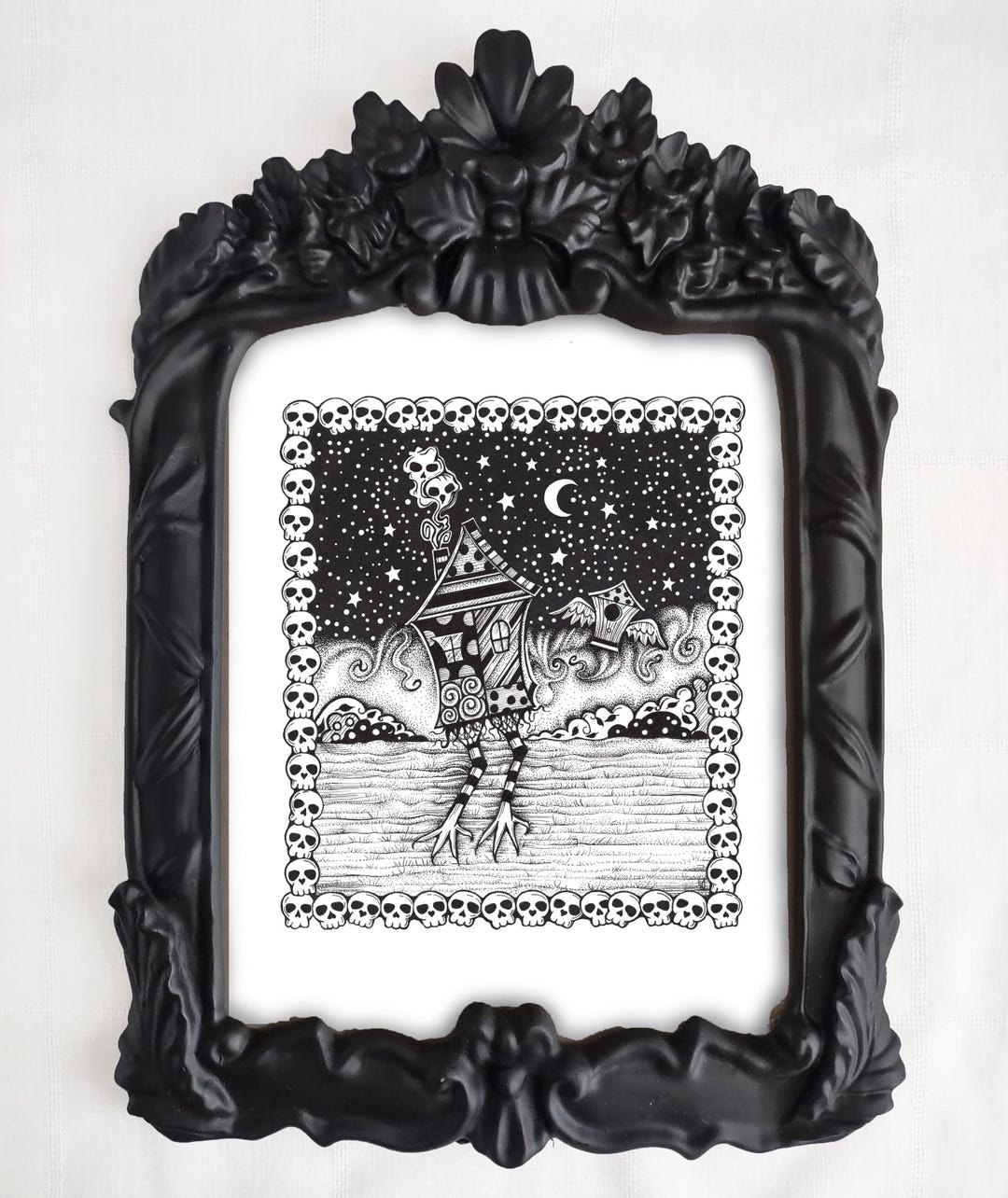 Baba Yaga Ink Illustration Print - Dark Whimsy Folklore Art - Witch Hut ...