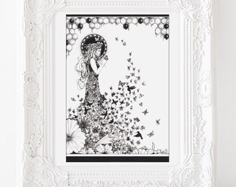 Ink Illustration, ink art, pen and ink art, black and white fine art, detailed art print, bee art, butterfly  art, "Princess of Pollinators"