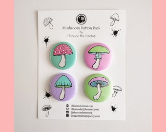 Mushroom Button Pack, Pack of Four 1.5" Buttons, Mushroom art, Handmade Buttons, Pastel buttons, Colourful Button Mushrooms set of 4