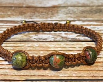 Unakite Chakra Bracelet / Hemp Cord Yoga Jewelry / Healing Crystal Bracelet for Emotional Balance, Peace & Heart Chakra Energy