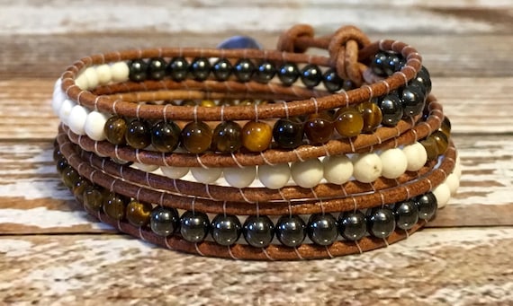 Crystal, Hematite & White Howlite Bead Leather Multi-Wrap Bead Bracelet Crystal, Hematite & White Howlite Bead Leather Multi-Wrap Bead Bracelet