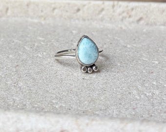 Larimar Teardrop Ring Size 7.5 / Sterling Silver Handmade Gemstone Jewelry / Calming Ocean Energy, Peace & Communication Crystal Ring