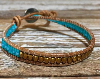 Boho Leather Bracelet: Turquoise Seed Beads, Gold Accents