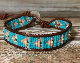 Turquoise Beaded Bracelet /Turquoise Bracelet / Boho Bracelet / Leather Wrap Bracelet / Bead Loom Bracelet / Chan Luu Style