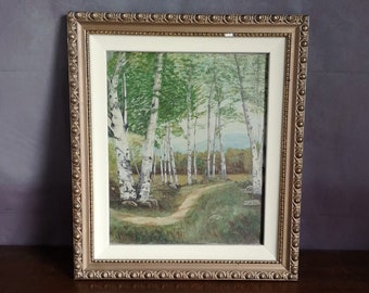Forest Scenery Vintage Authentic Oil Painting,  Winding Path White Birch Trees