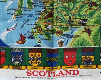 Vintage Map of Scotland Tea Towel Linen Souvenir