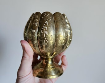 Vintage Engraved Solid Brass Goblet ~~ Gold Metal Home Décor
