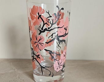 1950s Pink Cherry Blossom / Dogwood Flower Collins Tall Glasses