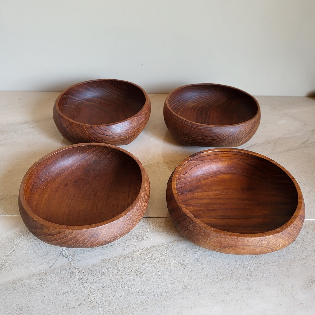Set of 4 Carved Wood Deep Salad Bowls Tiki Party Picnic Serving Etsy
