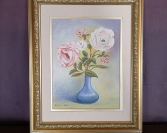 Authentic Vintage Painting ~~ Floral Botanical Still Life Pastel Roses