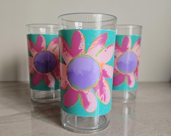 1990s Plastic Tumblers // Pink and Teal Floral Pattern