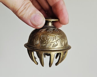 Vintage Brass 2 inch Elephant Claw Bell with Engraved Leaf and Flower Pattern