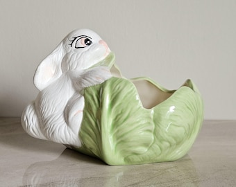 Vintage Bunny & Cabbage Flower Pot // Holland Pottery // Spring Easter Decor
