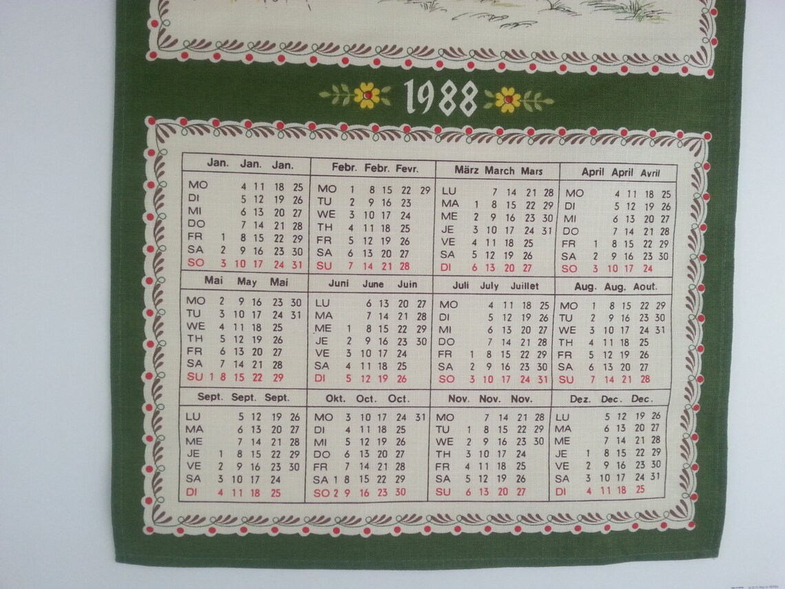 Vintage 1988 Calendar Textile Wall Hanging Germany Black - Etsy