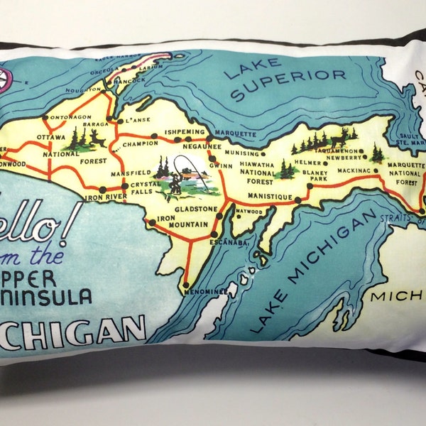 Upper Peninsula of Michigan Pillow made from Vintage Postcard Image