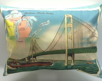 Mackinac Straits Bridge Vintage Postcard Pillow