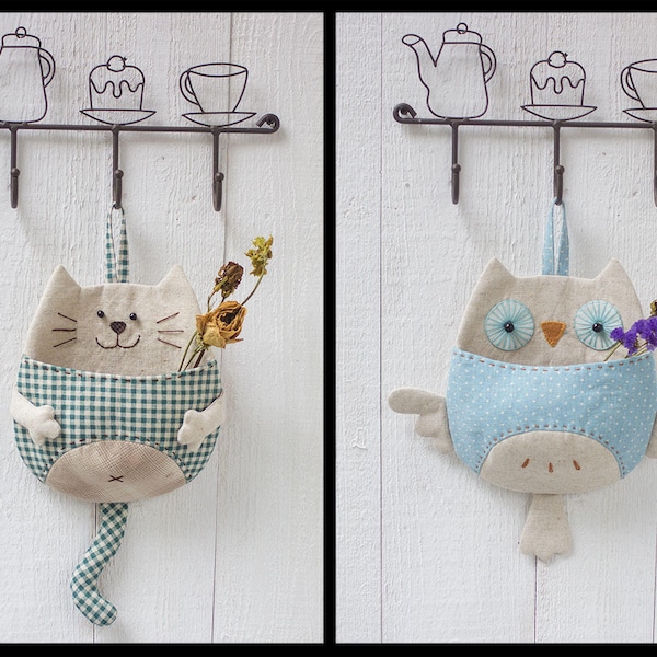 Animal-shaped Wall pocket organizers - PDF sewing pattern | Owly wall decoration | kitty wall pocket | sewing projects |homemade gift ideas|