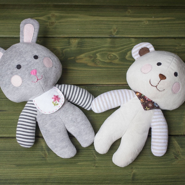 Ours et lapin en peluche faciles - Patron de couture et tutoriel PDF | Modèle peluche | Animaux en peluche | Jouets en tissu | Softies