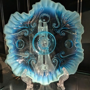 Cuenco vintage de vidrio Jefferson azul opalescente con volantes - EAPG - 9.5
