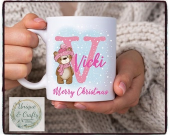 Pink bear Mug and Coaster.. Personalised with Initial