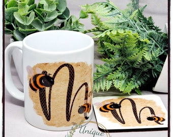 Bee Mug and Coaster.. Personalised with Initial and Name