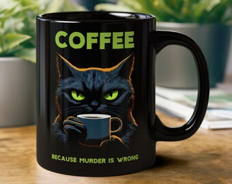 Rolig mordkatt-kaffemugg, present till henne, kattkaffepresent till syster, kattägare eller kollega, arg kattmugg för kattälskare.