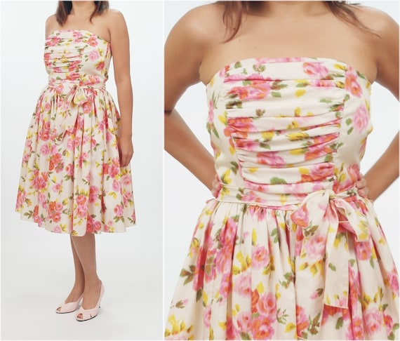 Vintage Pink Roses Strapless Dress,Yellow,White,T… - image 1