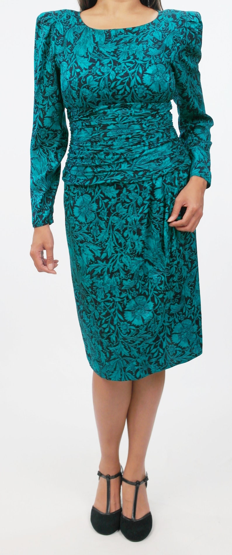 1960s-1980s Vintage TurquoiseGreen /& Black Floral Dress,Retro,Pinup,Rockabilly,1970,Pencil,Mary Jane,Maggy London,Silk, Gorgeous