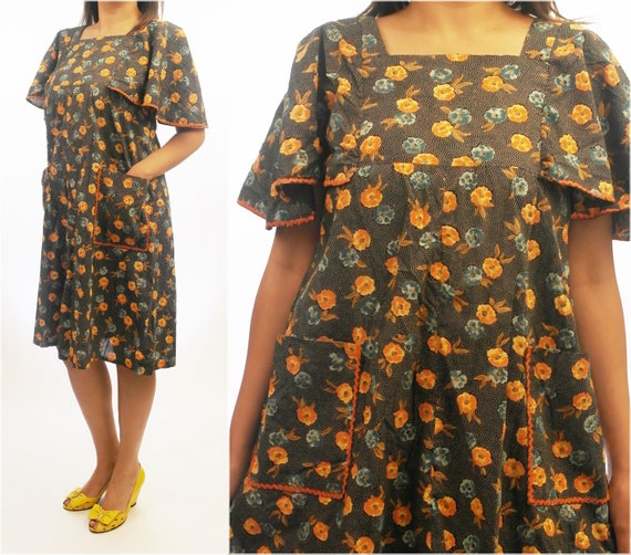 Vintage Black with florals & white polka dots dres