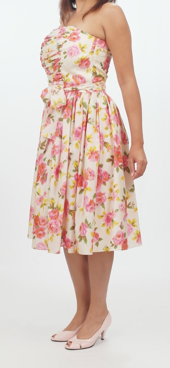 Vintage Pink Roses Strapless Dress,Yellow,White,T… - image 4