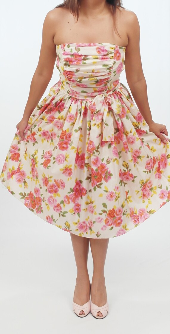 Vintage Pink Roses Strapless Dress,Yellow,White,T… - image 3