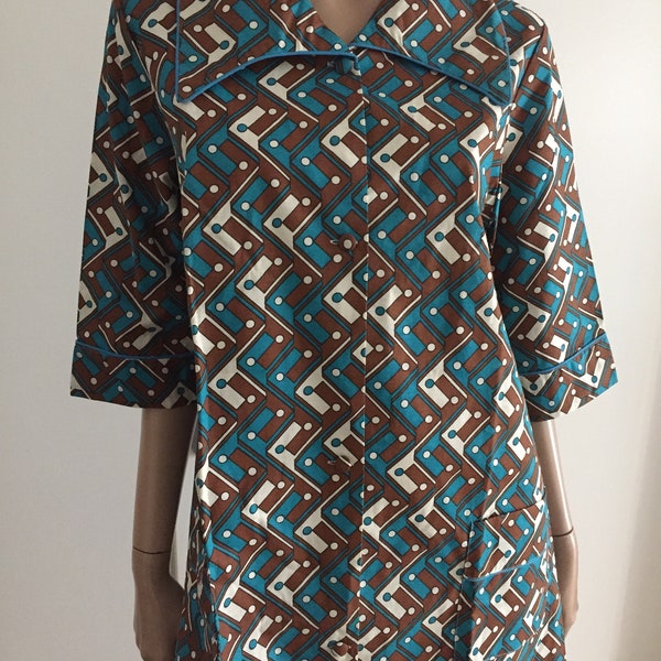 Robe vintage 60's imprimé formes géométrique bleu marron blanc taille 42