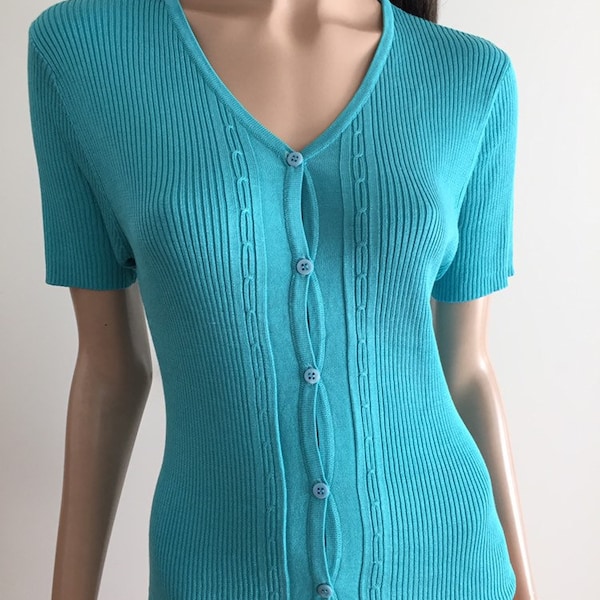 Top vintage boutonné turquoise Point Maille turquoise taille L