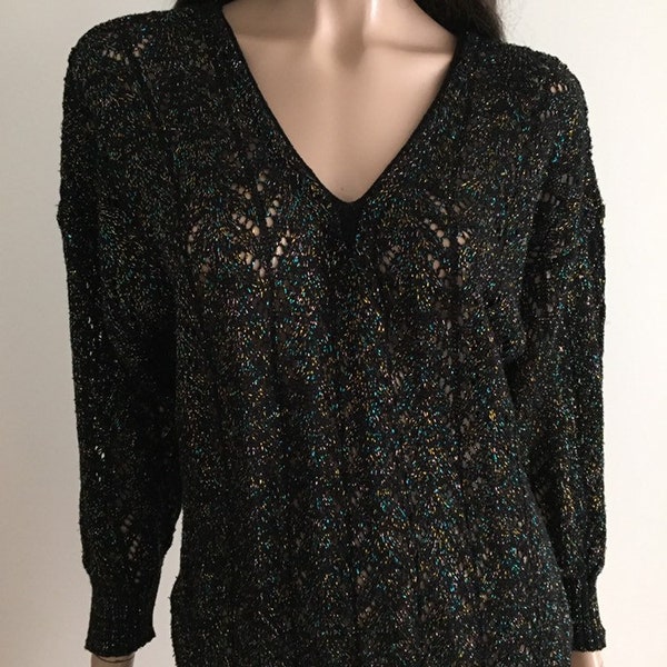 Pull vintage noir ajouré et lurex multicolore taille M - pointelle